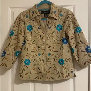 SilkLand Women's Tan Blazer with Blue Floral Accents
